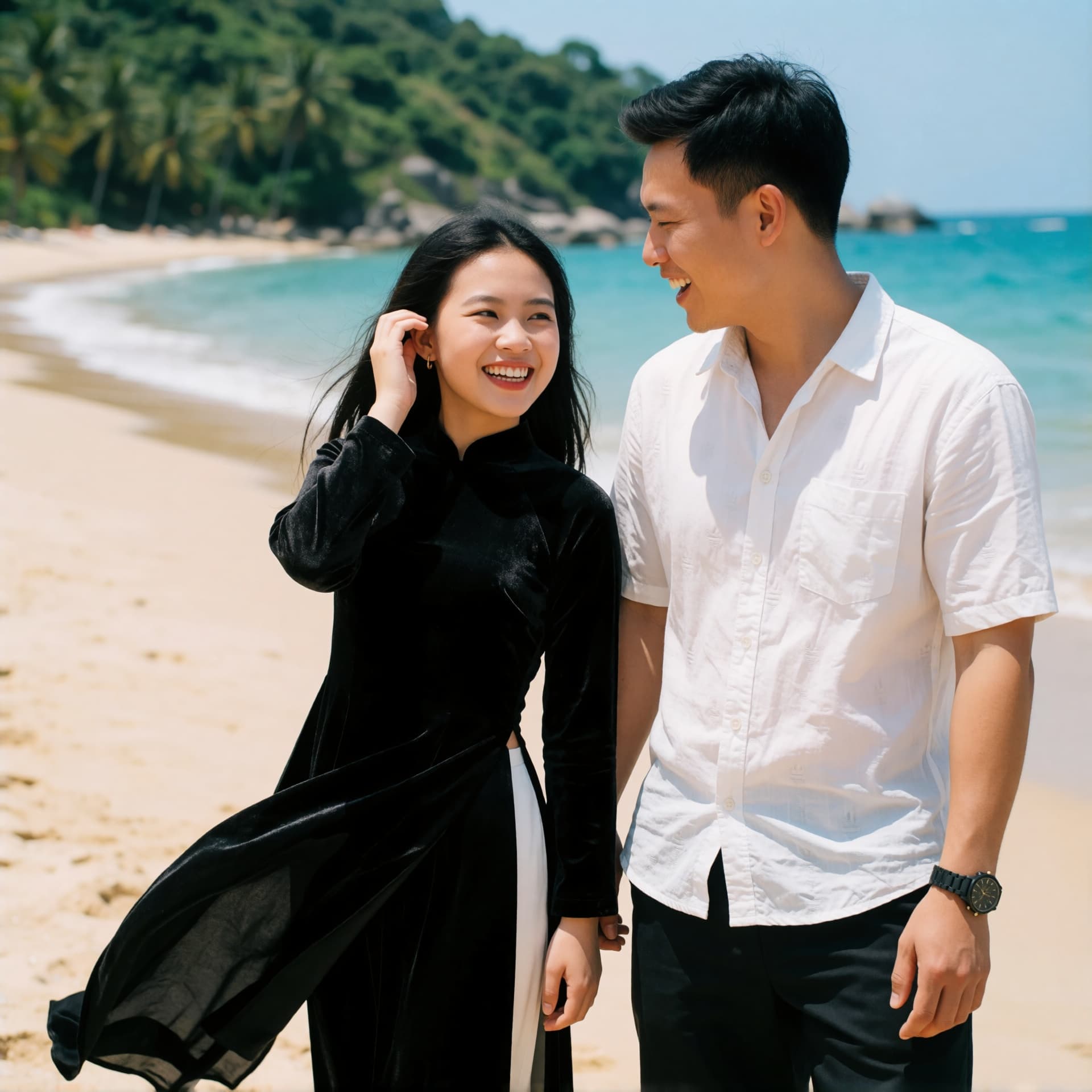 A happy couple laughing together on a tropical beach